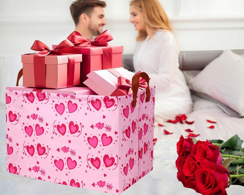 BOOHIT Pink Valentines Day Basket Large Foldable Heart Shaped Storage Box for Gifts Kids Empty Storage Bins Rectangular Toy Organizer Decor (Two Love) - Image 3